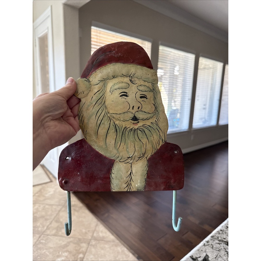 Vintage Painted Metal Santa Head Folk Art Yard Art